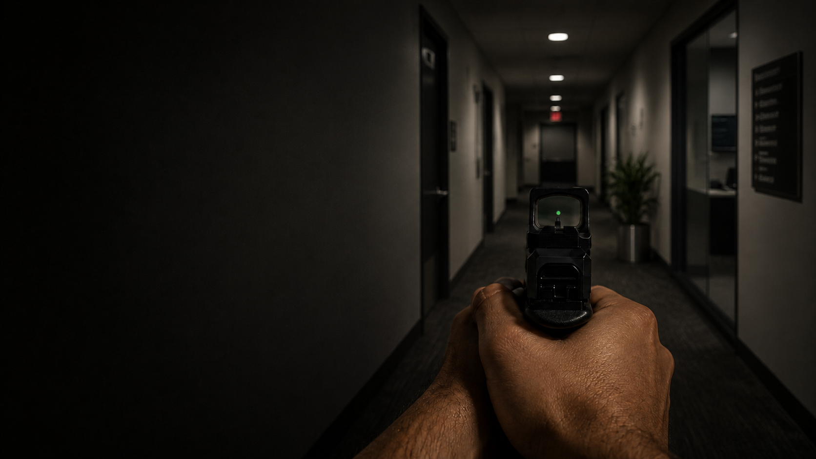First-person office hallway tactical training scenario
