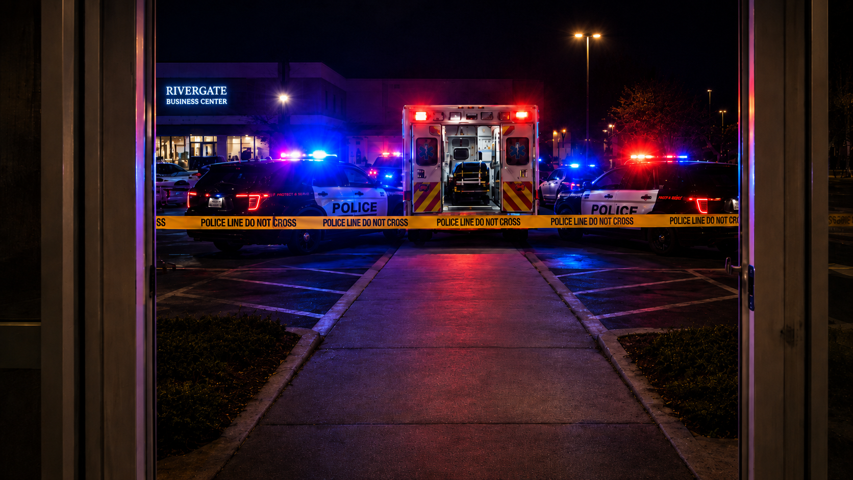 Emergency response scene outside Rivergate Business Center at night