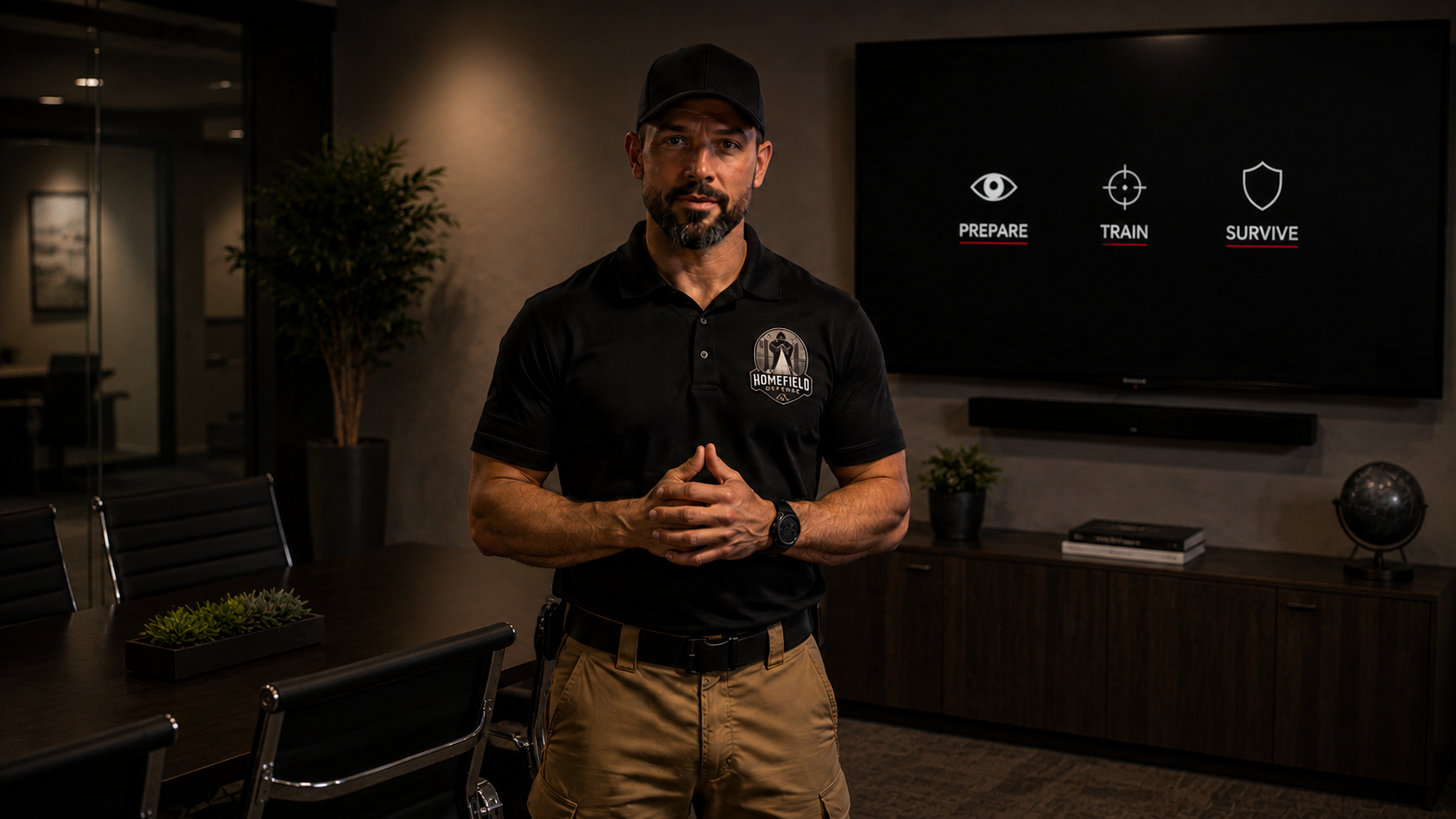 Homefield Defense instructor portrait in training room with Prepare Train Survive display