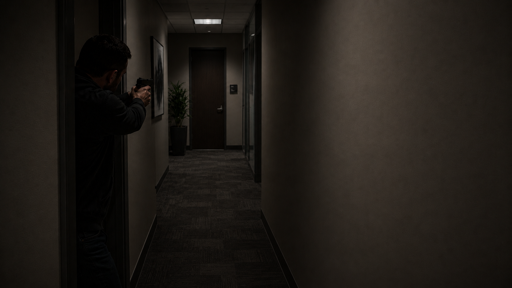 Dim office hallway image for tactical training atmosphere