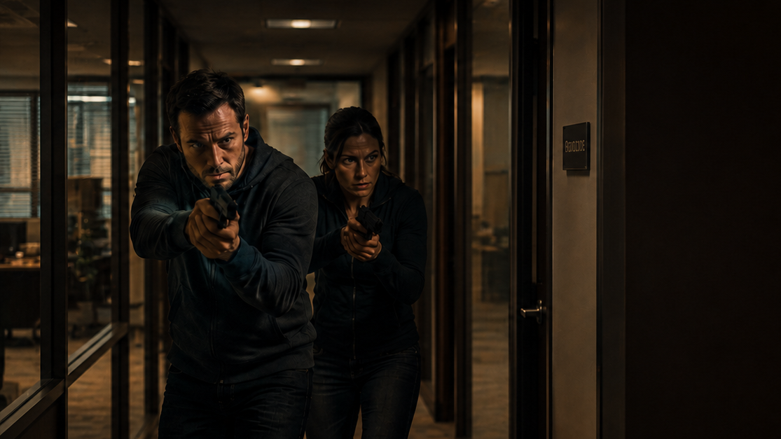 Two trainees moving through an office hallway during tactical scenario training