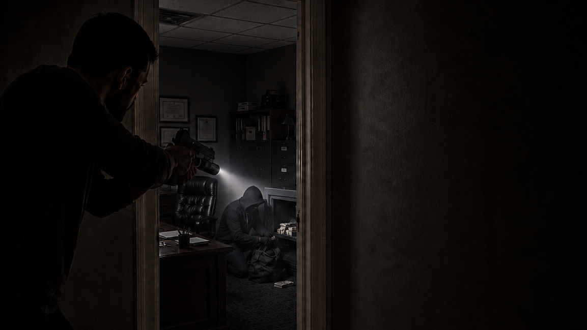 Home defense training scenario viewed through a doorway with a flashlight illuminating an office room